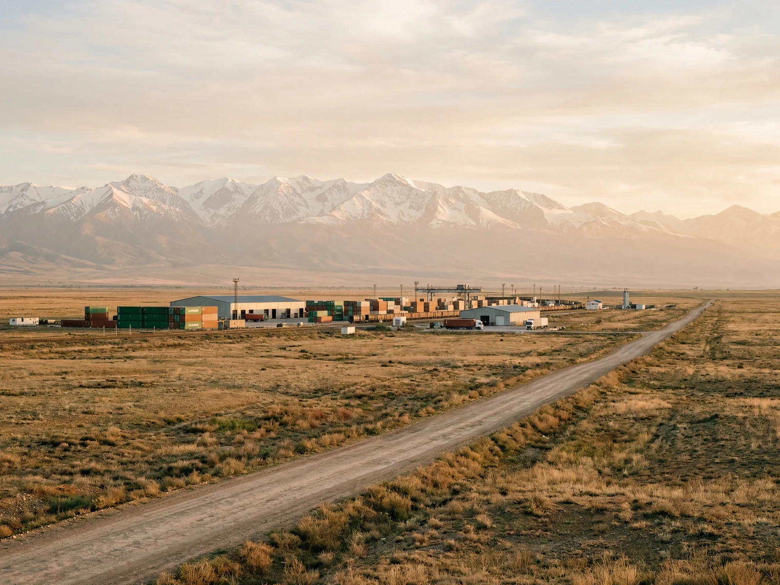 Central Asian steppe with road and freight terminal at golden hour