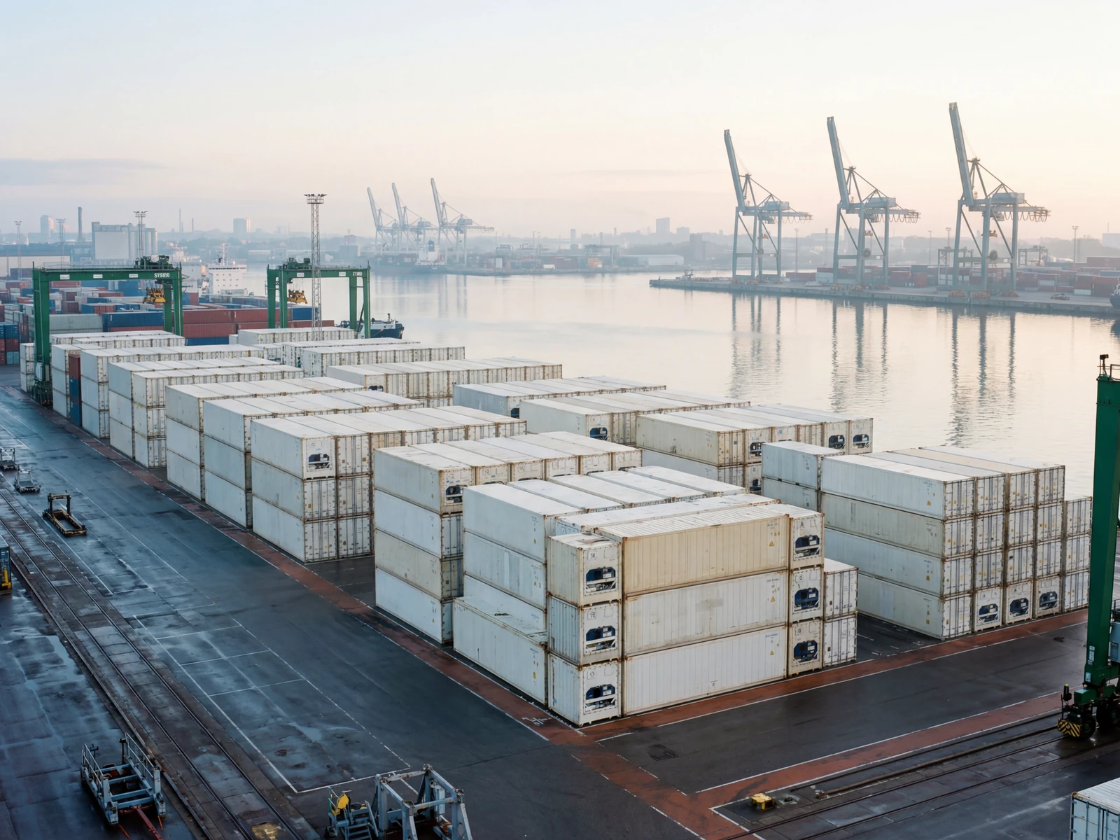 European port at dawn with stacks of refrigerated reefer containers