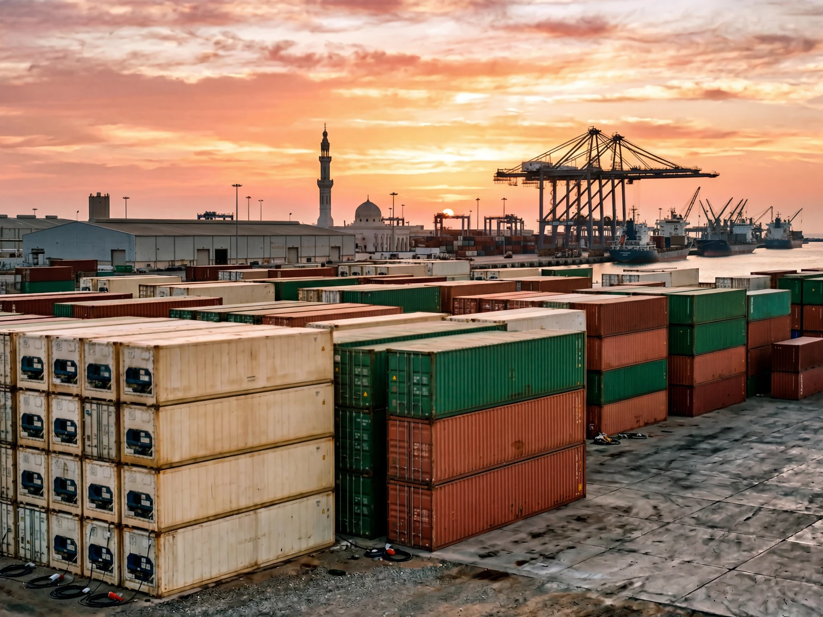 Gulf reefer terminal at sunrise with distant minaret silhouette